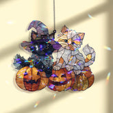 Halloween Cats Acrylic Suncatcher, Stained Glass Style Kittens with Pumpkins and Witch Hat, Cute Spooky Window Hanging Holiday Decor